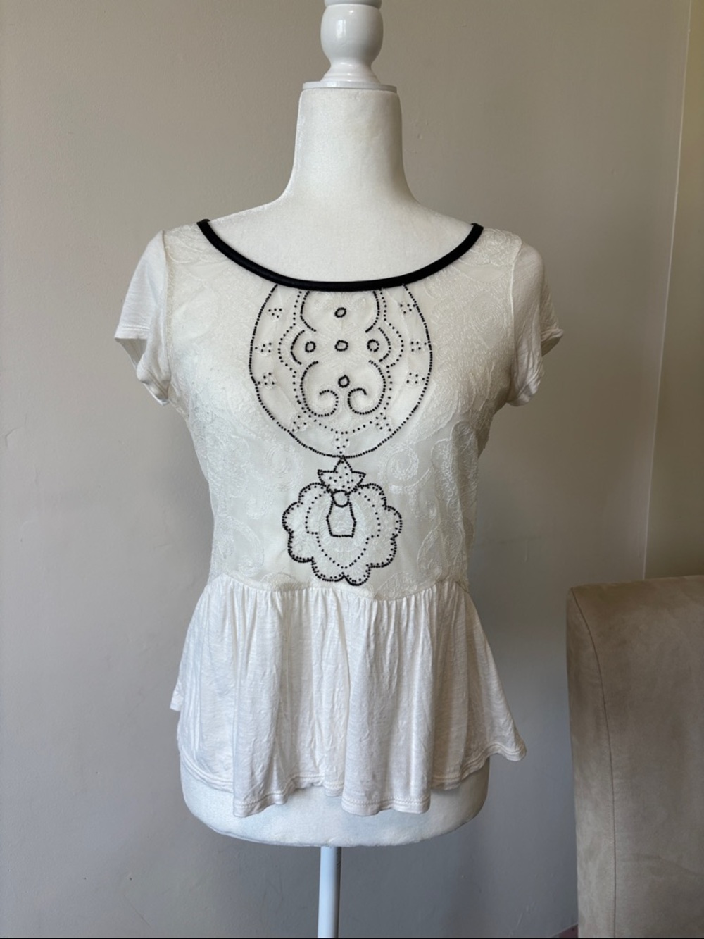American Eagle Outfitters Cream Lace Peplum Top with Black Trim